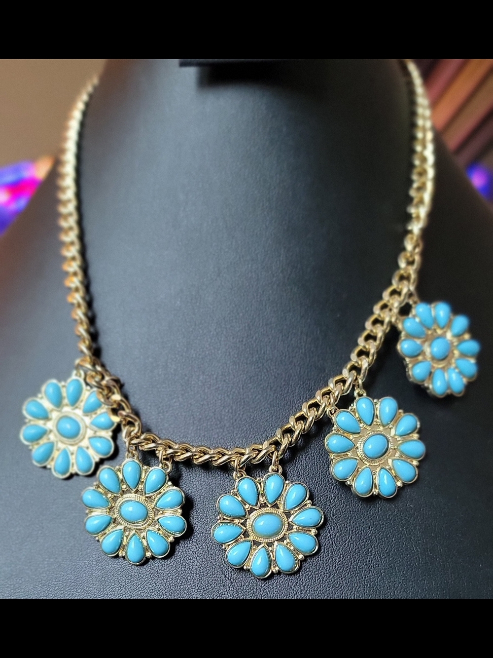 New Charming Charlie Gold-Tone Necklace with Turquoise Flower Charms